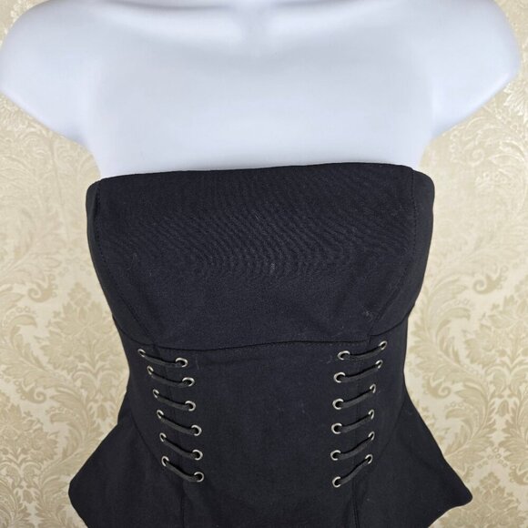Bebe Size 2 Black Strapless Mini Dress Peplum Corset Look Bodycon Sexy Party - Picture 5 of 13